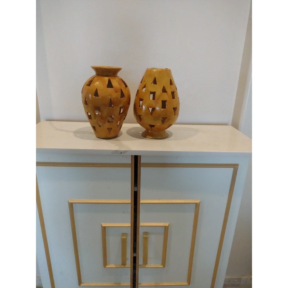 Pair Decorative Perforated Shapes Vase Antique Yellow‎ Resin Oval Shape